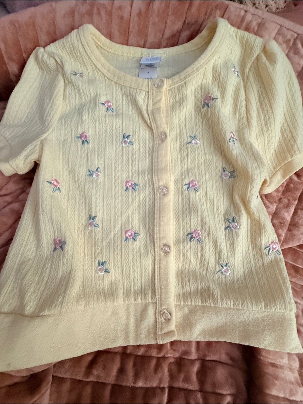 Draper James Pale Yellow Button-Front Kids Cardigan with Pink Floral Embroidery